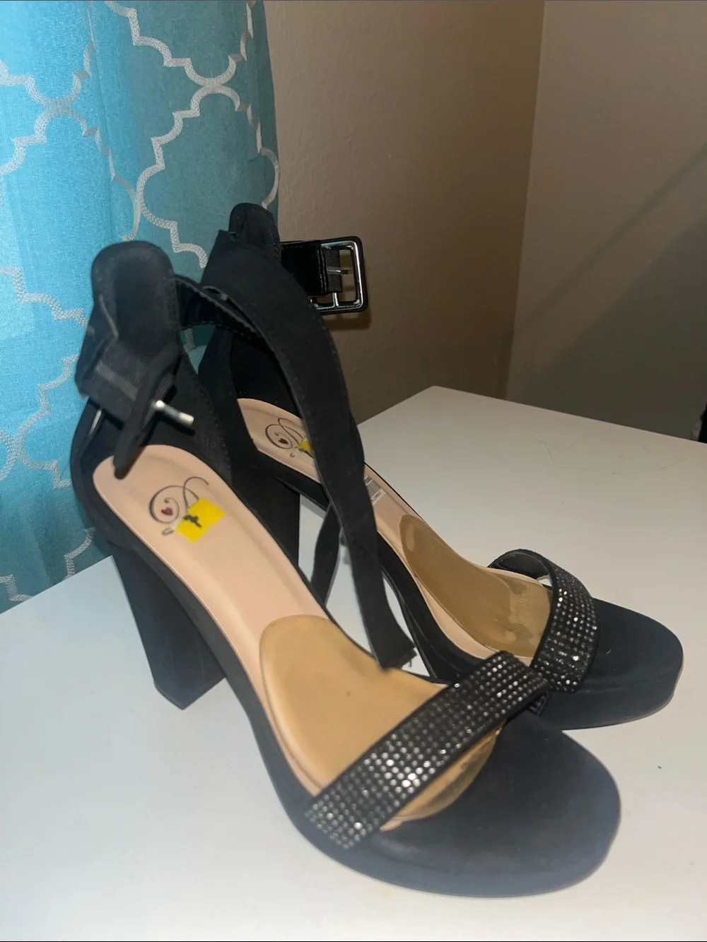 Black Women's Rhinestone Strap Block Heel Sandals
